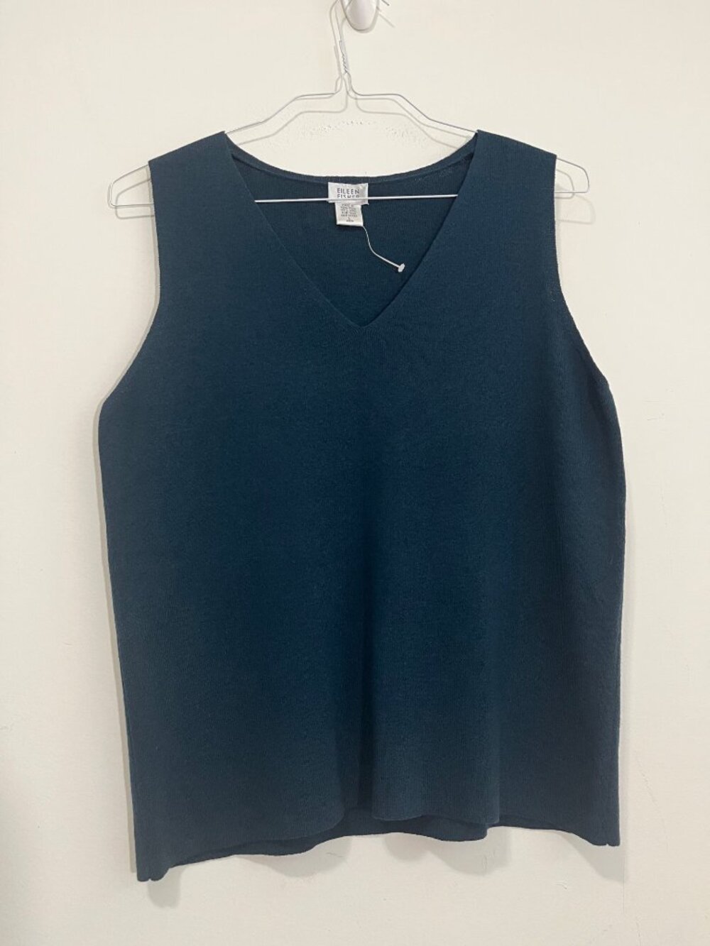 NWOT Vtg Eileen Fisher Sleeveless Sweater Sz L 100% Wool Green V-neck Minimalist